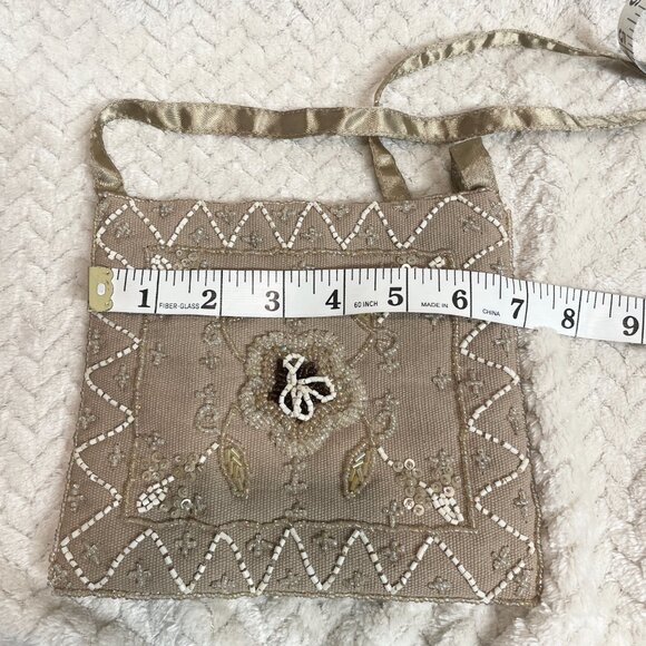 Cottage Core Tan Small Beaded Cloth Bag Boho Chic EuroSummer - Picture 5 of 8